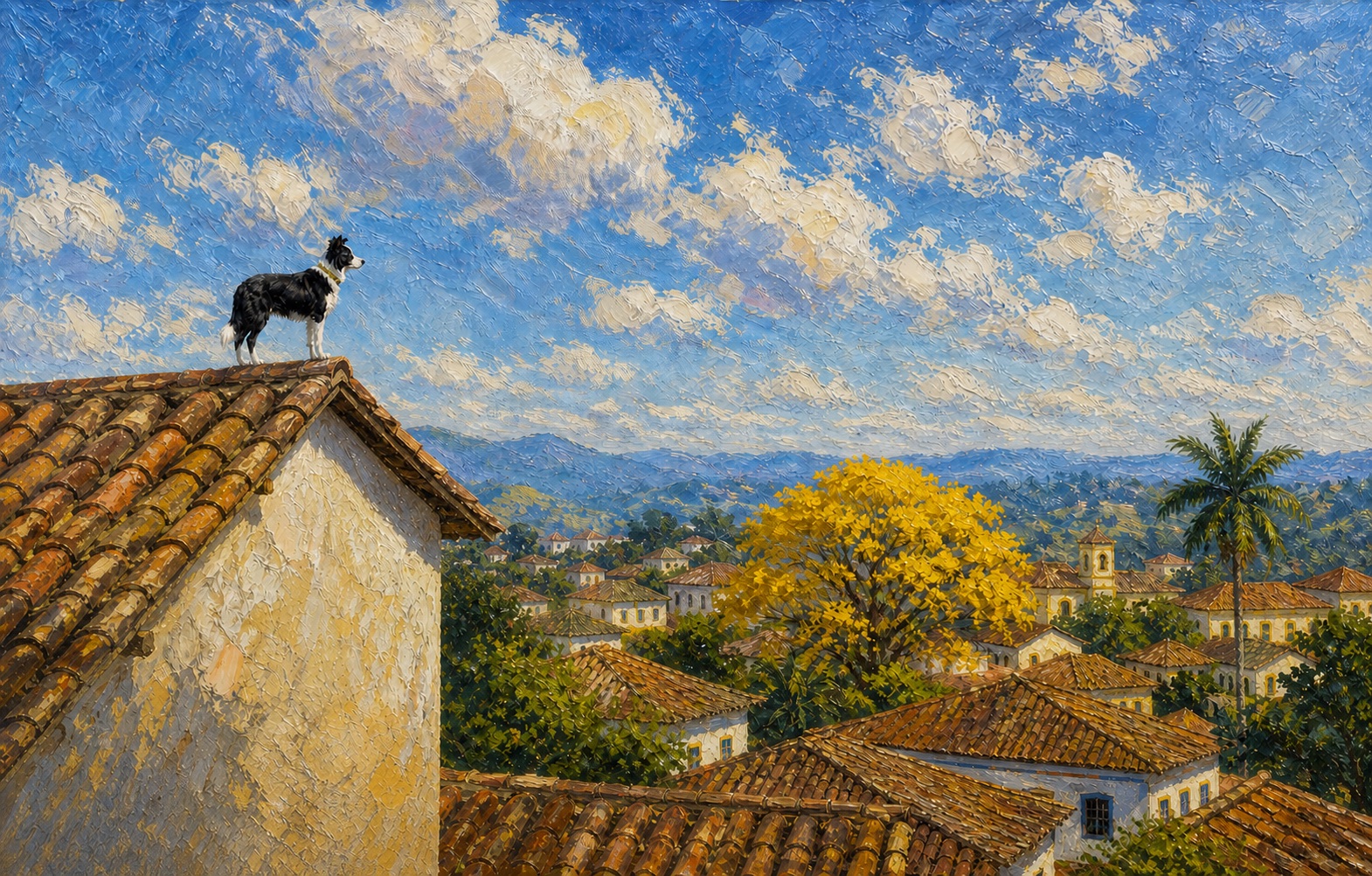 Pintura impressionista de um bairro brasileiro com um ipê-amarelo florido