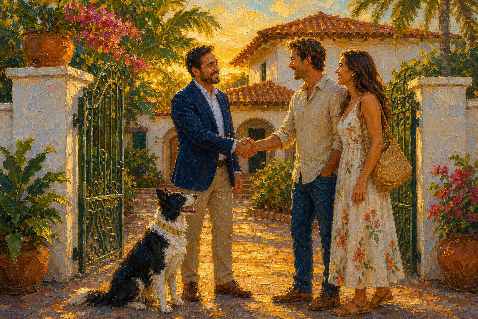 Pintura de um corretor recebendo um casal em frente a uma casa, ao entardecer